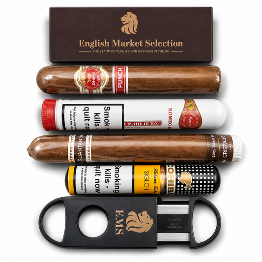 A curated cigar gift set featuring five cigars in clear wrapping, a black and gold cutlass, and a dark brown presentation box labeled 'English Market Selection' on a white background.