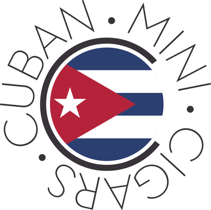 A circular logo featuring the Cuban flag in the center, surrounded by the words 'CUBAN MINI CIGARS' in a thin black stylized font on a white background.