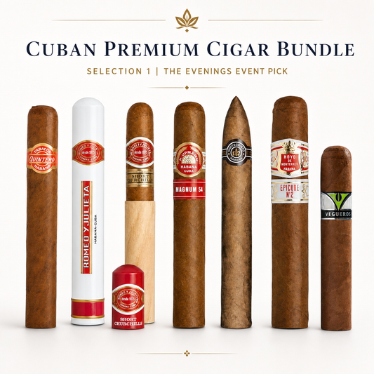 A promotional bundle of eight Cuban premium cigars arranged upright against a clean off-white background, with the text 'Cuban Premium Cigar Bundle' and 'Selection 1 | The Evenings Event Pick' above them. Visible cigar brands and labels include Romeo y Julieta, A.