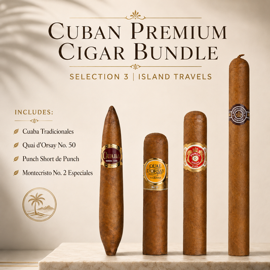 Cuban Premium Cigar Bundle Selection 3 'Island Travels' featuring four premium cigars on a marble pedestal against a warm beige background with elegant text detailing the included varieties.