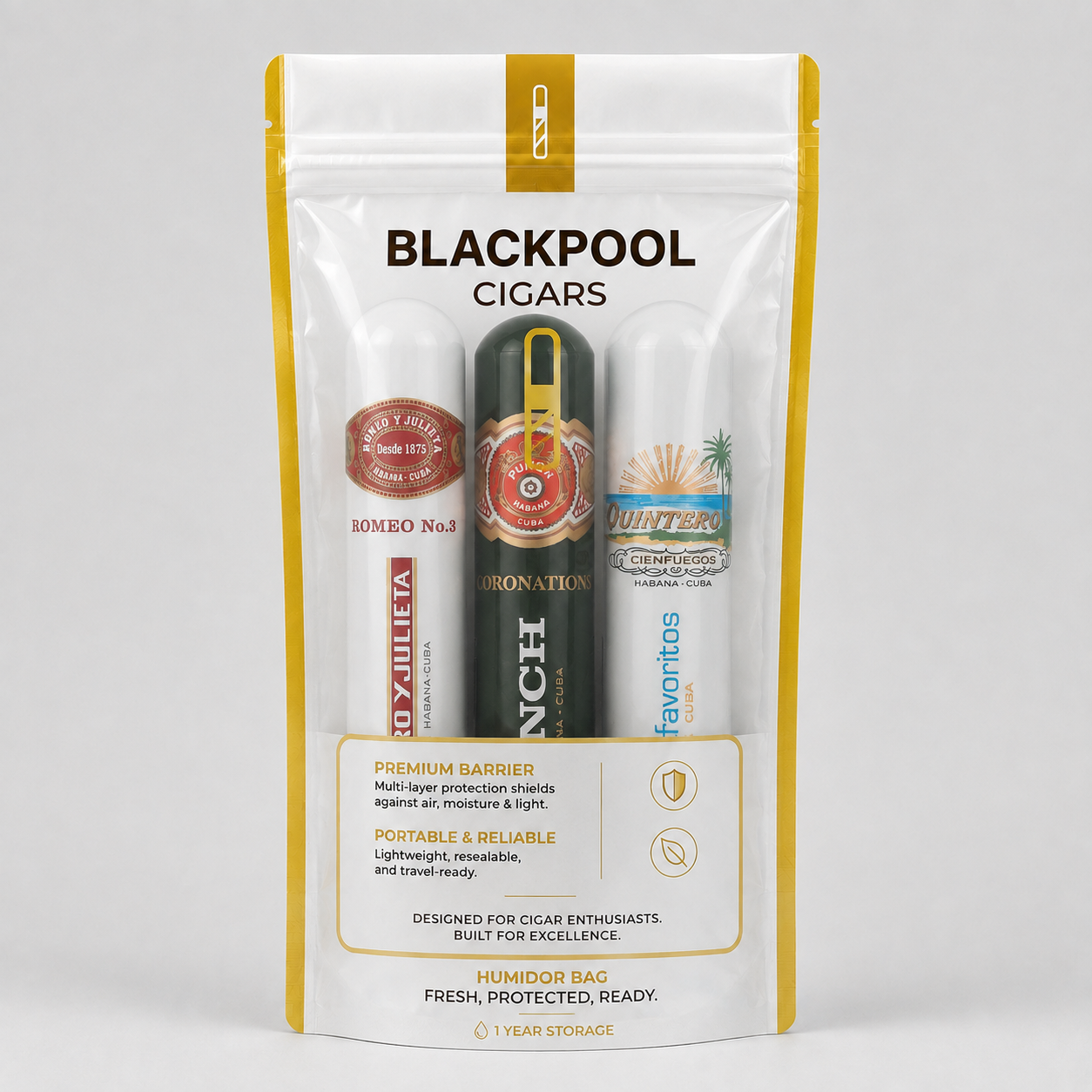 A stand-up pouch of Blackpool Cigars humidors and accessories, featuring three individual humidors inside: a red and white 'Hombre No. 3' humididor, a black and gold 'Donation' humididor, and a white 'Favoritos' humididor.