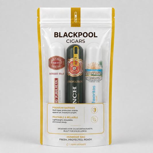 A stand-up pouch of Blackpool Cigars humidors and accessories, featuring three individual humidors inside: a red and white 'Hombre No. 3' humididor, a black and gold 'Donation' humididor, and a white 'Favoritos' humididor.
