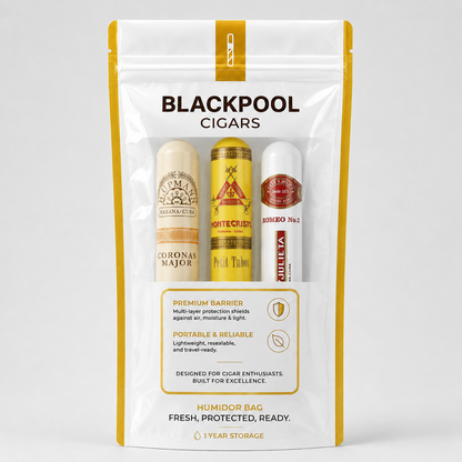 A white and yellow pouch of Blackpool Cigars humidor bag containing three cigar humidor cases (Corona Majador, Montecristo, and Juila Eta) displayed on a light gray background.