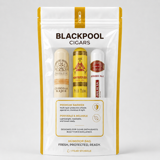 A white and yellow pouch of Blackpool Cigars humidor bag containing three cigar humidor cases (Corona Majador, Montecristo, and Juila Eta) displayed on a light gray background.
