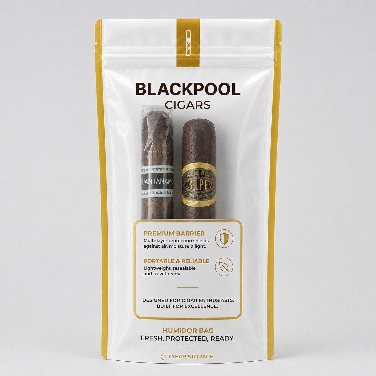 A stand-up pouch of Blackpool Cigars humidor bag, featuring a white and gold design with two cigars visible through a clear window, set against a light gray background.