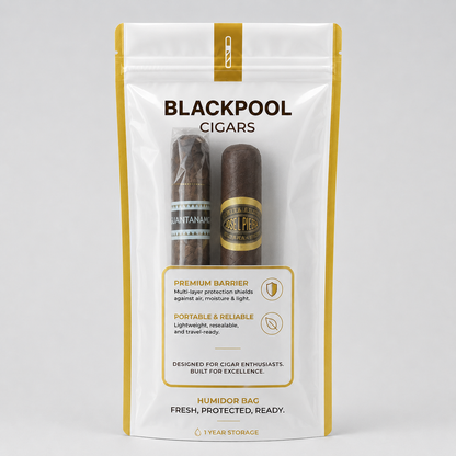 A stand-up pouch of Blackpool Cigars humidor bag, featuring a white and gold design with two cigars visible through a clear window, set against a light gray background.