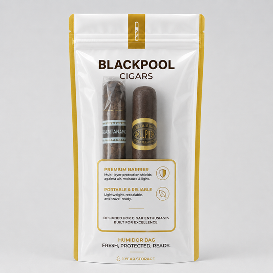 A stand-up pouch of Blackpool Cigars humidor bag, featuring a white and gold design with two cigars visible through a clear window, set against a light gray background.