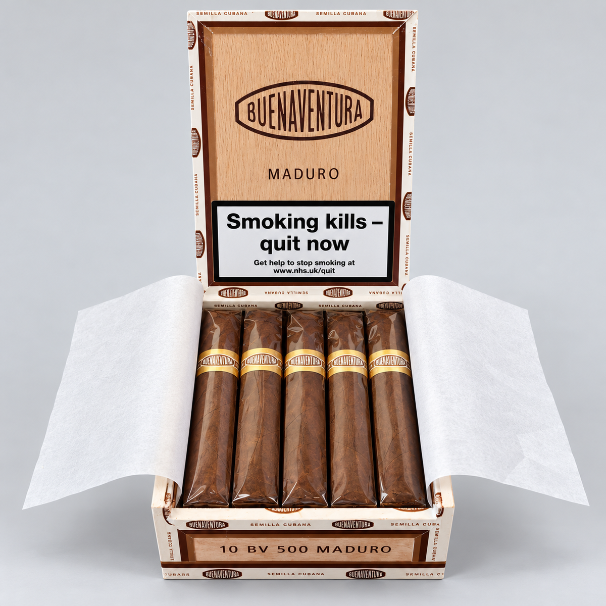 An open wooden cigar box containing five wrapped cigars, photographed on a light gray background. The box lid and front are branded BUENAVENTURA, and the cigars are wrapped in brown paper with gold bands.