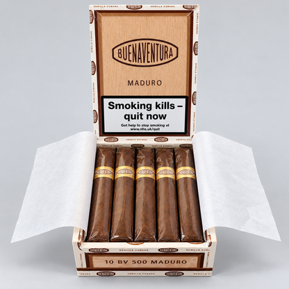 An open wooden cigar box containing five wrapped cigars, photographed on a light gray background. The box lid and front are branded BUENAVENTURA, and the cigars are wrapped in brown paper with gold bands.