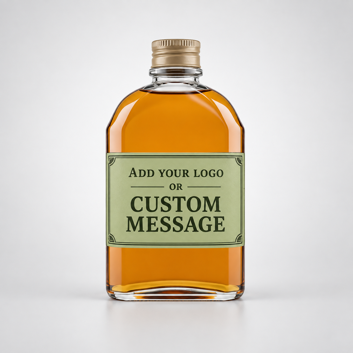 A customizable glass bottle with amber liquid, a gold screw cap, and a light green label that reads 'ADD YOUR LOGO OR CUSTOM MESSAGE', centered on a light gray background.