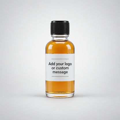 A small clear glass bottle with a black ribbed cap and a white label reading 'Add your logo or custom message,' filled with amber liquid, centered on a light gray background.