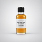A small clear glass bottle with a black ribbed cap and a white label reading 'Add your logo or custom message,' filled with amber liquid, centered on a light gray background.