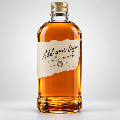 A clear glass bottle of amber liquor with a gold cap and a torn-paper style label reading 'Add your logo or custom message' on a light gray background.