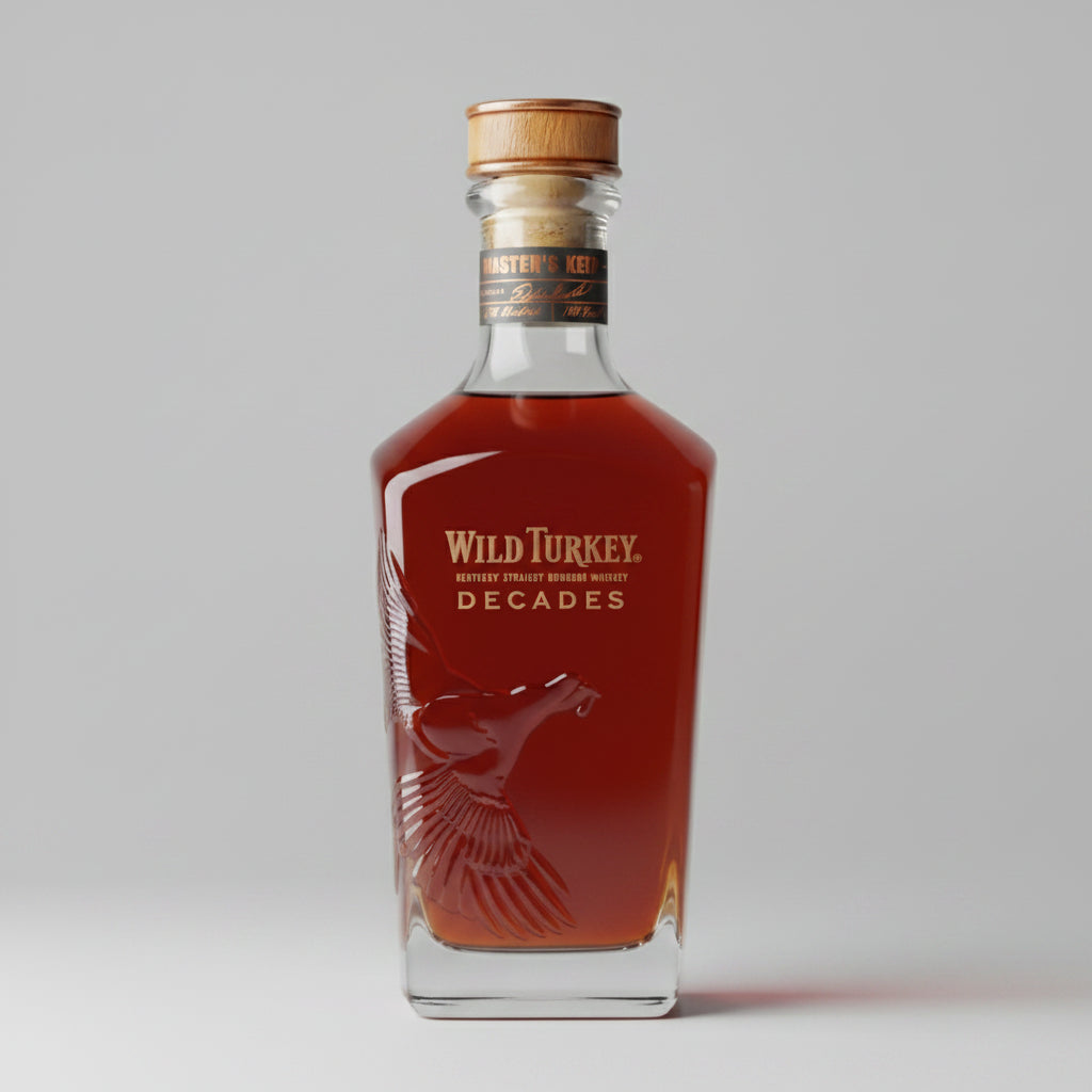 Wild Turkey Decades bourbon bottle with a glass of whiskey on a blurred outdoor background
