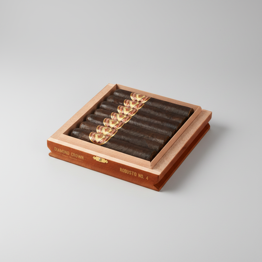 Open wooden cigar box with cigars and Diamond Crown logo on a white background