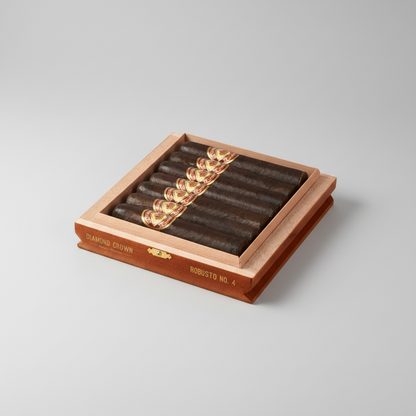 Open wooden cigar box with cigars and Diamond Crown logo on a white background