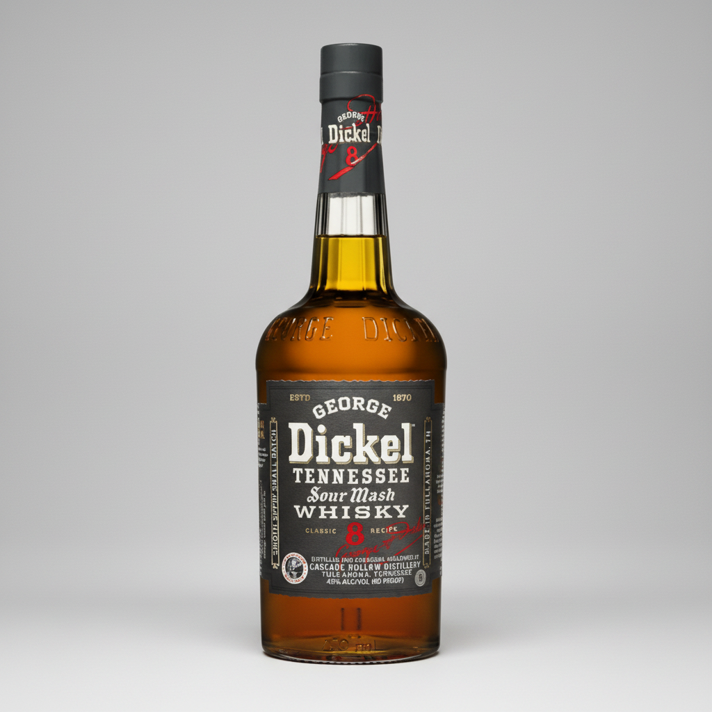 A bottle of Dickel Tennessee Sour Mash Whisky, featuring an amber glass bottle with a black neck seal and a black label with white and red text.
