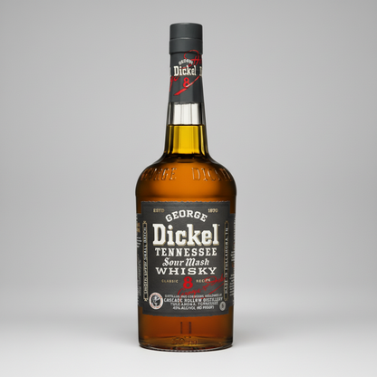 A bottle of Dickel Tennessee Sour Mash Whisky, featuring an amber glass bottle with a black neck seal and a black label with white and red text.