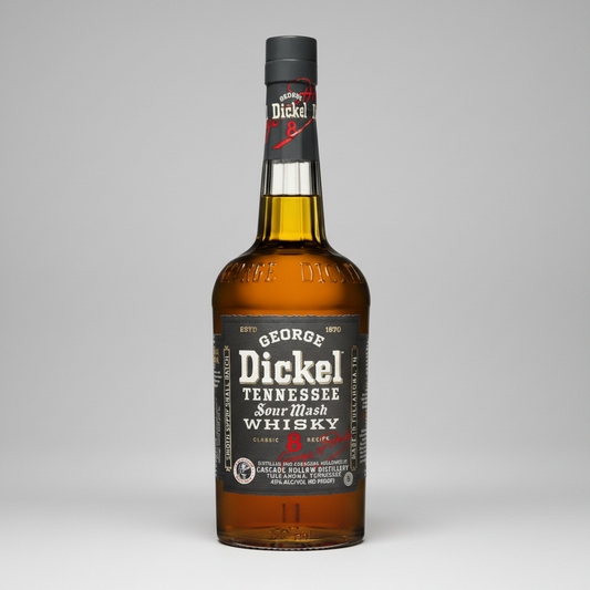 A bottle of Dickel Tennessee Sour Mash Whisky, featuring an amber glass bottle with a black neck seal and a black label with white and red text.