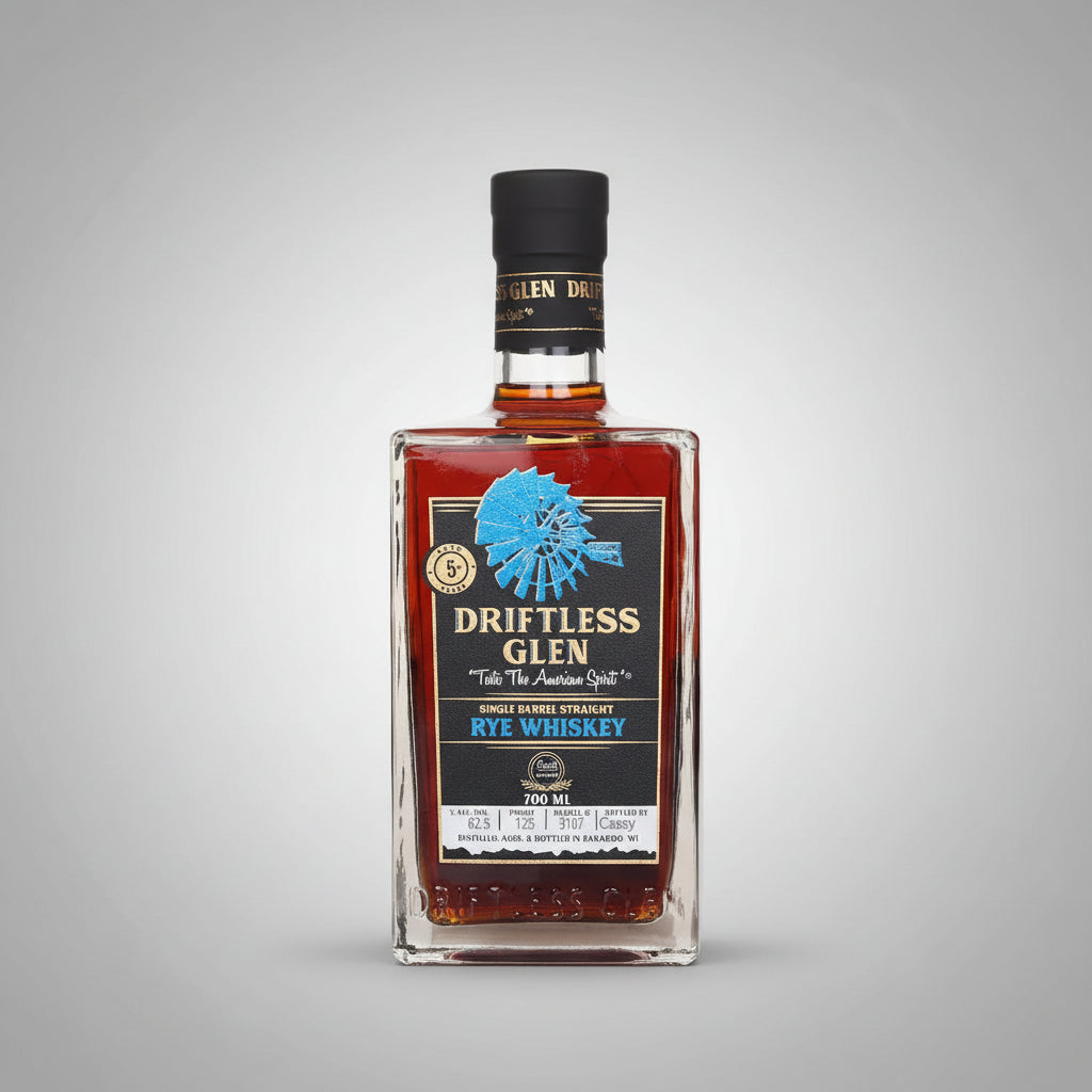Driftless Glen Rye Whiskey bottle with label and black cap on a white background
