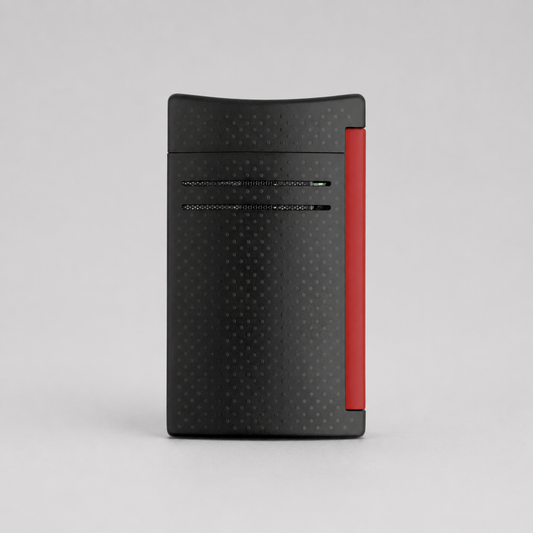 A black rectangular electronic device with a subtle dotted texture and a vertical red accent panel on the right side, shown against a neutral light gray background.