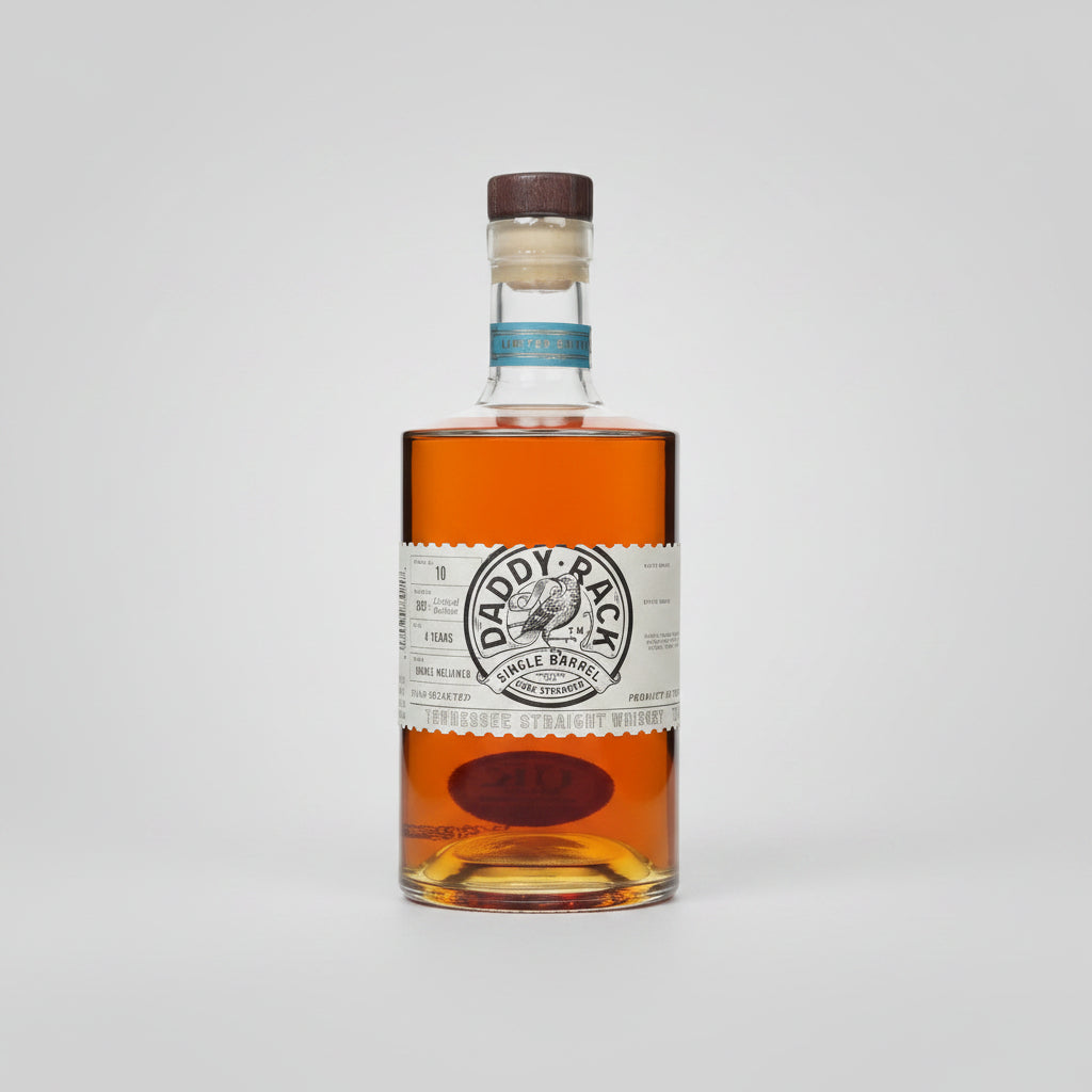 A bottle of Daddy-Rack Single Barrel bourbon whiskey with amber liquid, a white paper label, and a brown cork stopper, shown on a white background with a soft reflection.