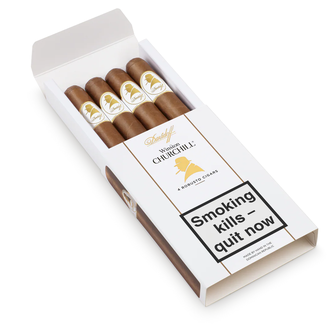 Pack of Davidoff Churchill cigars with a warning label on a white background