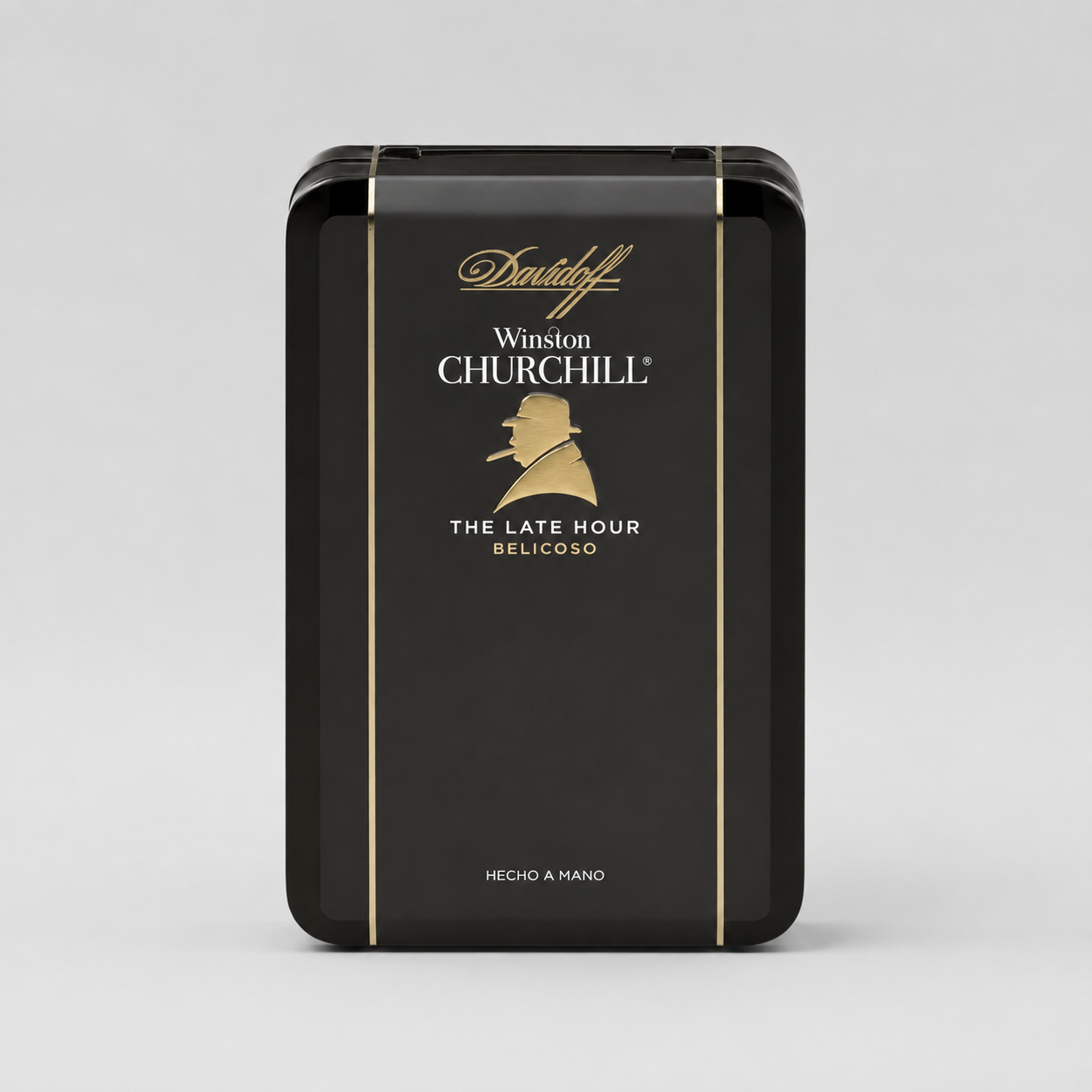 A black rectangular metal tin of Davidoff Winston Churchill The Late Hour Belicoso, featuring gold lettering and a gold silhouette of Winston Churchill, set against a light gray background.