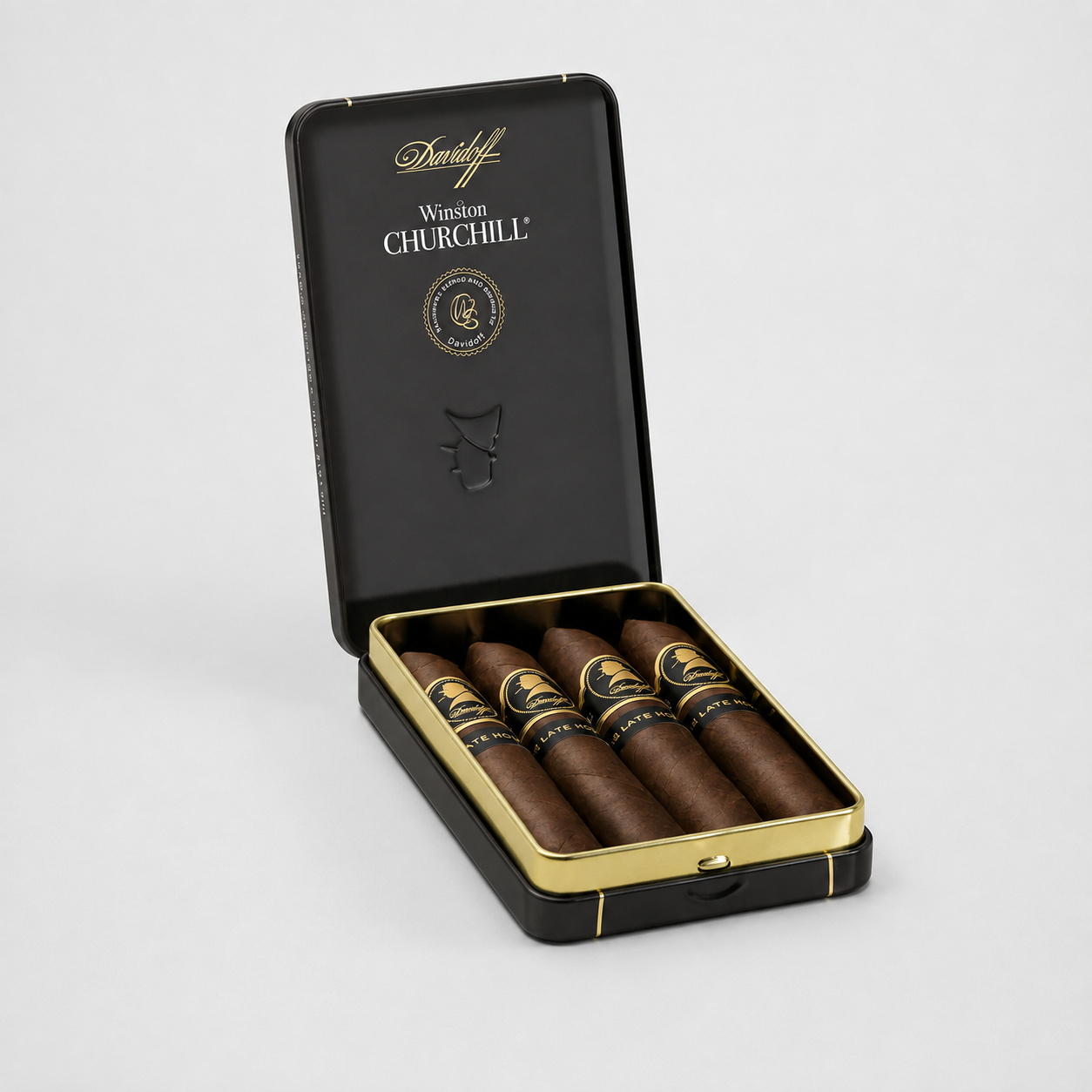 An open black cigar tin with gold trim holding five cigars, photographed on a clean light gray studio background. The inside lid shows the brand name Davidoff and the text Western Churchill.