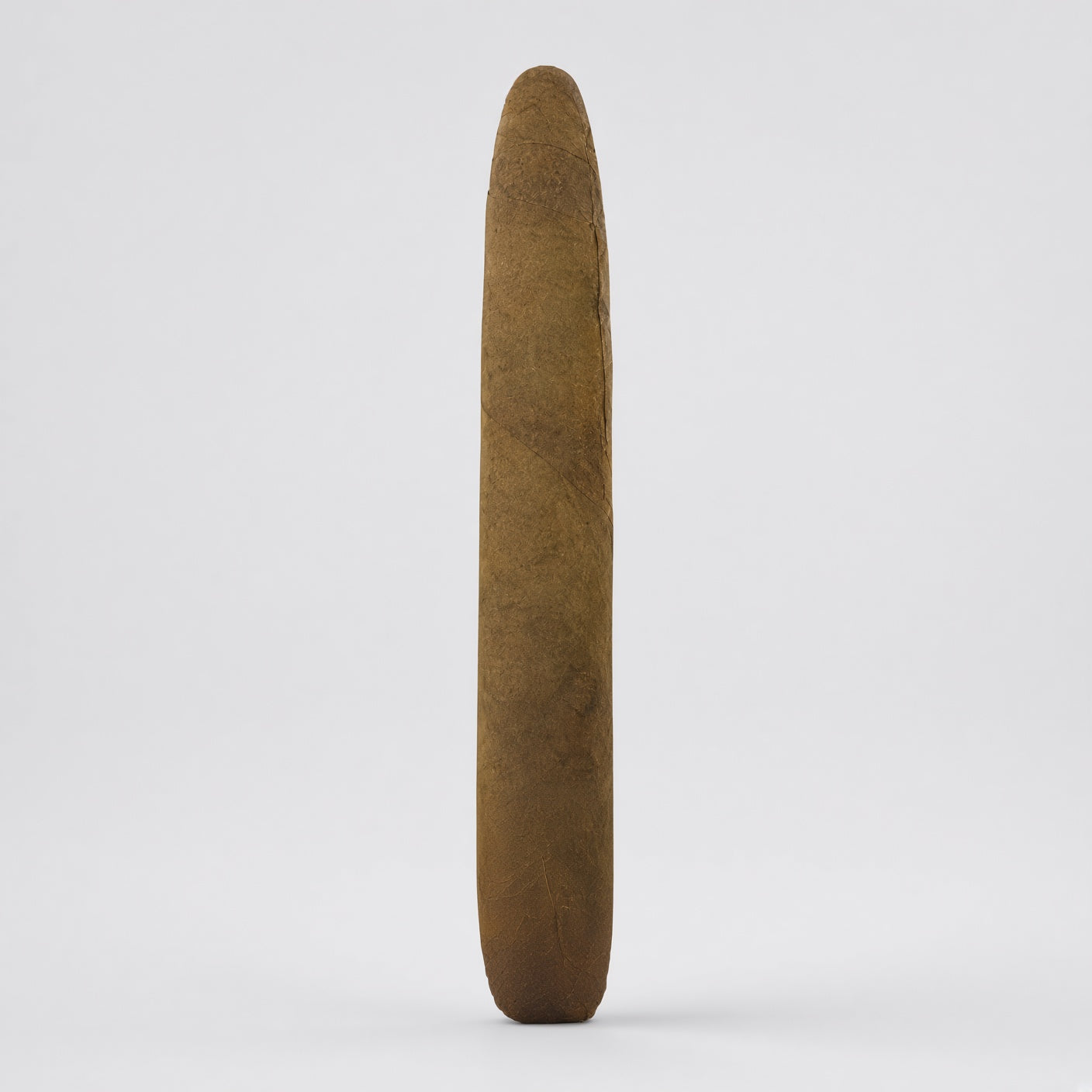 A single brown cigar standing vertically against a clean, light gray studio background.