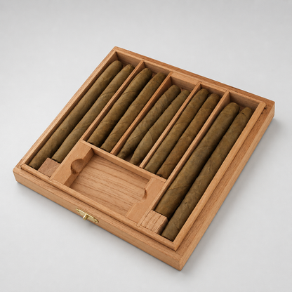 A wooden cigar storage box with multiple compartments holding several cigars, photographed on a clean light gray background.