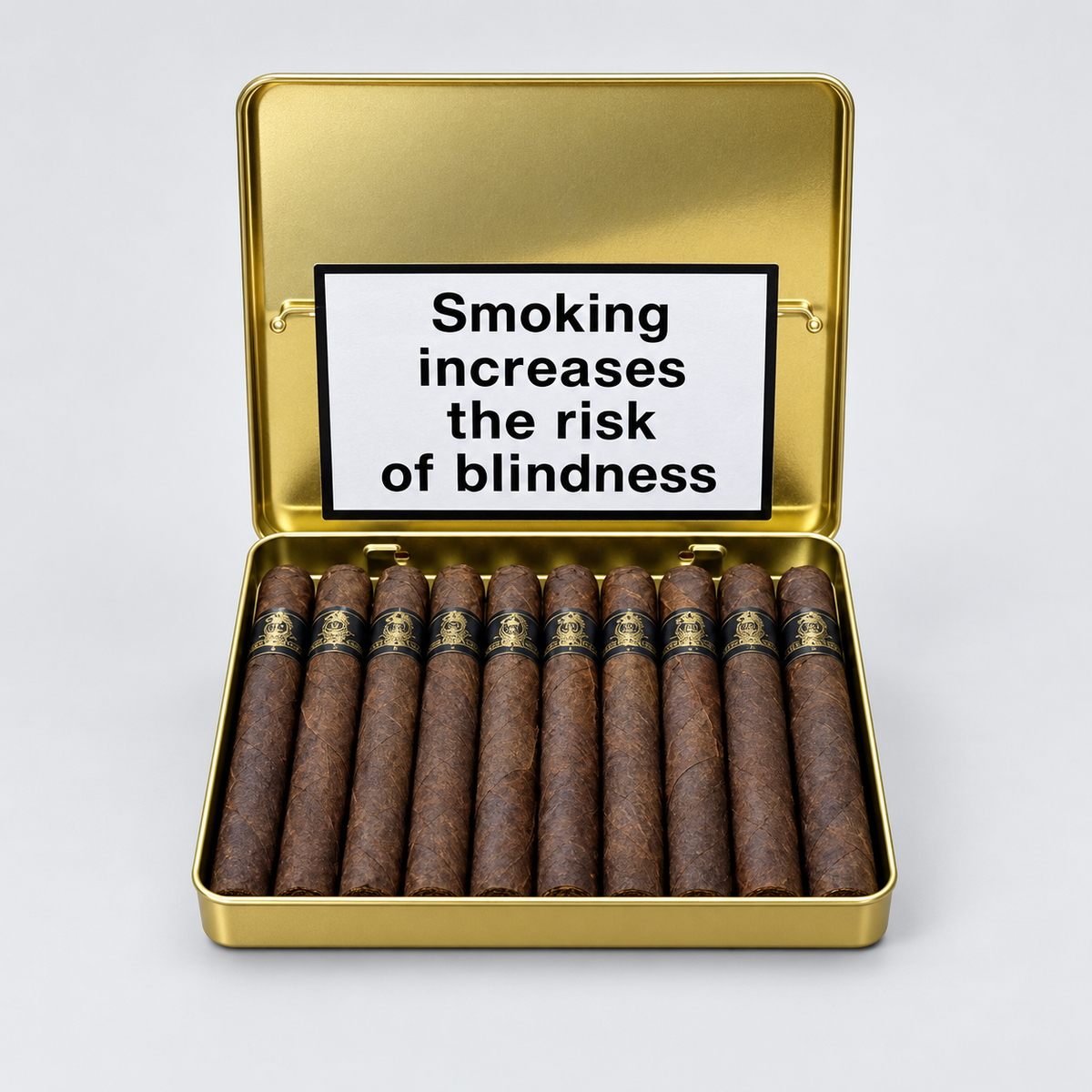 An open gold metal cigar tin holding ten brown cigars, with a large white warning label on the inside lid that reads, 'Smoking increases the risk of blindness,' on a light gray background.