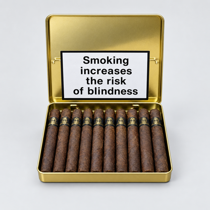 An open gold metal cigar tin holding ten brown cigars, with a large white warning label on the inside lid that reads, 'Smoking increases the risk of blindness,' on a light gray background.