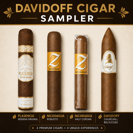 Promotional graphic for the Davidoff Cigar Sampler showing four premium cigars side by side: Plasencia Reserva Original, Nicaragua Robusto, Nicaragua Half Corona, and Davidoff Churchill Belicoso, with branded bands and a dark beige background.