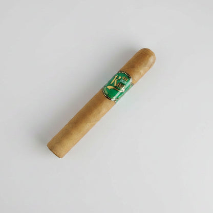 Cigar with a green label on a white background