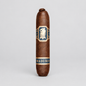 A single brown cigar standing upright on a light gray studio background, featuring a central blue and gold label with a lion emblem and the word 'MADURO' near the bottom.