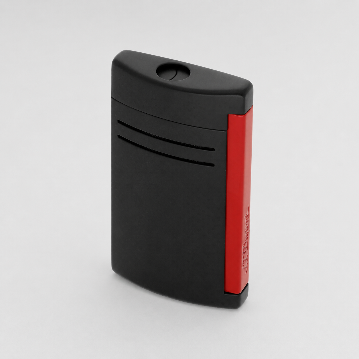 A black portable electric lighter with a red side accent strip, standing upright on a light gray background.