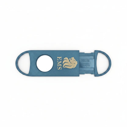 A black cigar cutter, a lion emblem, and the text 'EMS' on a neutral gray background.