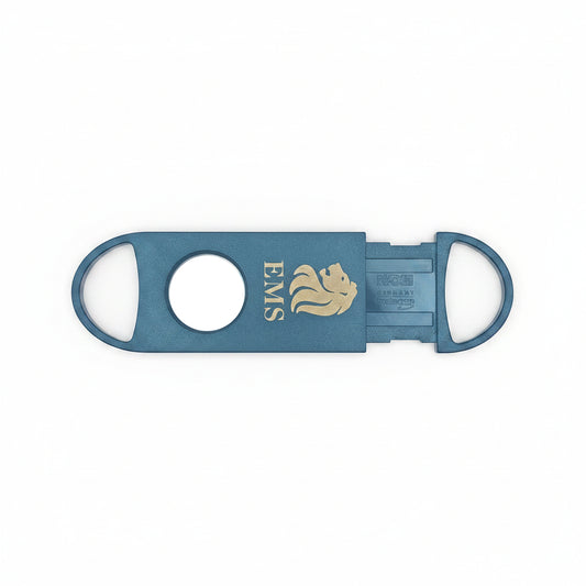 A black cigar cutter, a lion emblem, and the text 'EMS' on a neutral gray background.