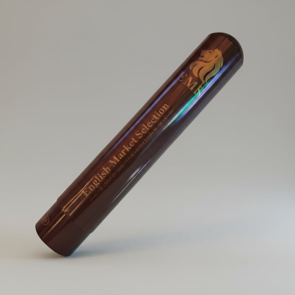 Metal tubo product with 'English Market Selection' text on a light gray background