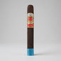A single dark brown cigar standing upright on a light gray background, featuring a decorative red, gold, and blue band and a bright blue tip.