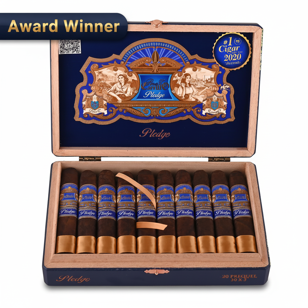 Open cigar box with cigars inside on a white background