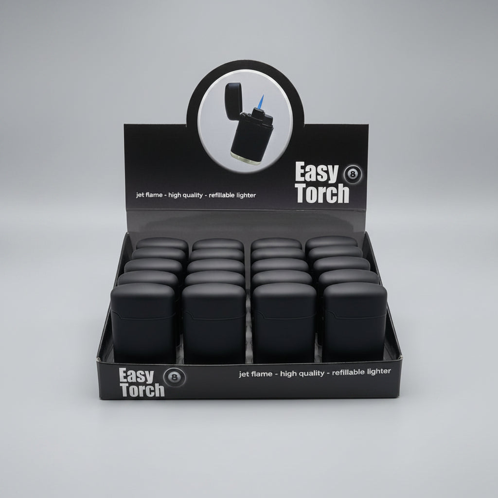 A retail display box filled with black jet flame refillable lighters, branded Easy Torch, on a neutral gray background.