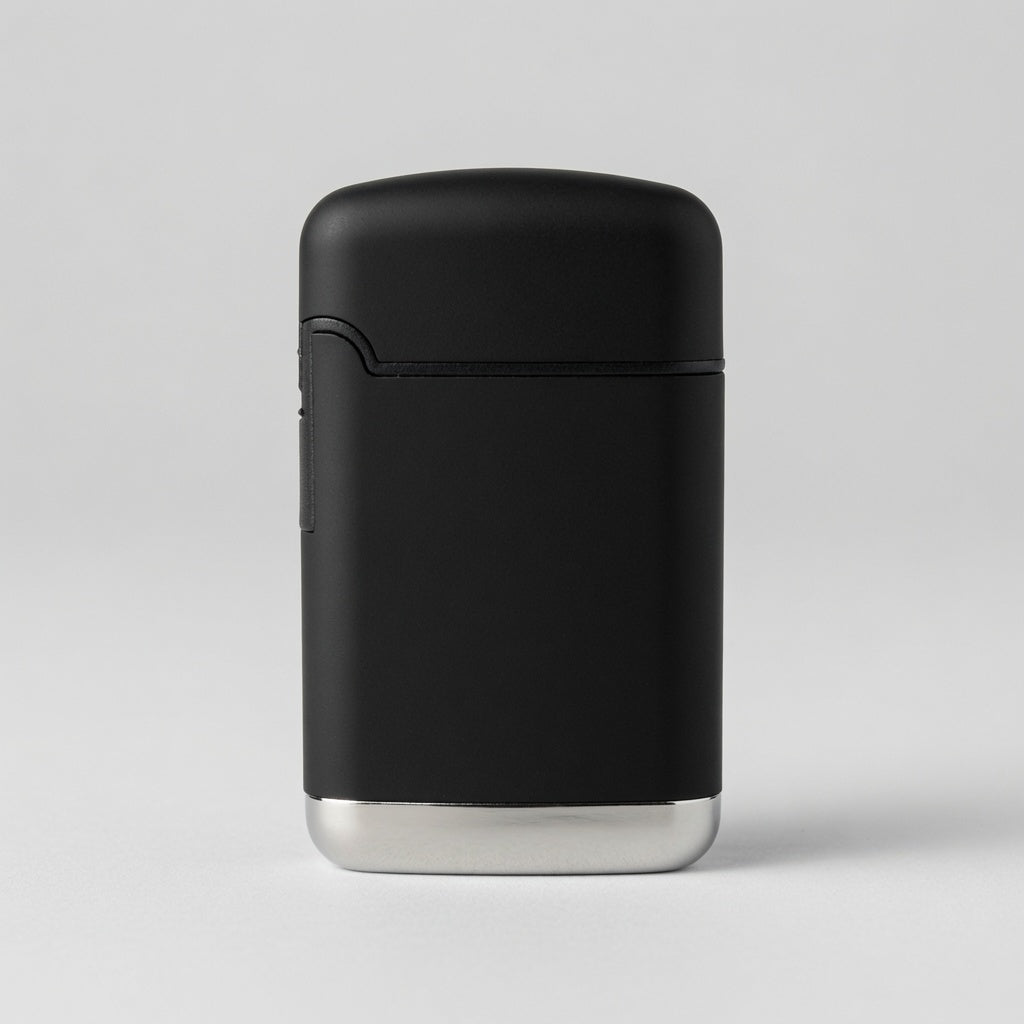 A matte black electronic lighter with a brushed silver metal base, shown on a clean light gray background.