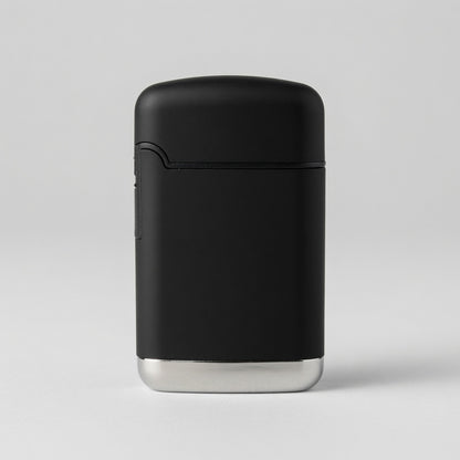 A matte black electronic lighter with a brushed silver metal base, shown on a clean light gray background.