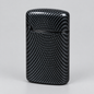 A rectangular lighter with a glossy black carbon fiber weave pattern, standing upright on a light gray background.