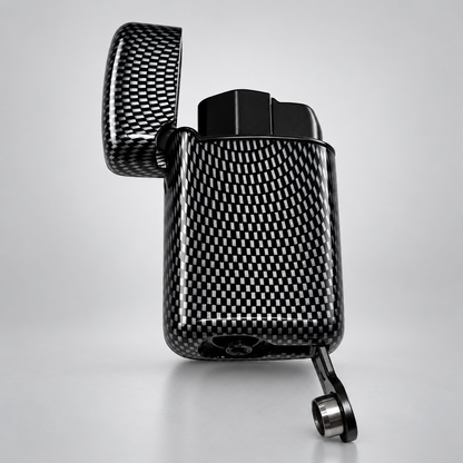 A carbon fiber patterned lighter with its lid open, showing a glossy black and white woven texture, set against a clean light gray background.