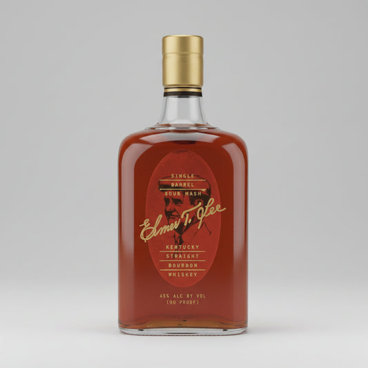 A bottle of Elmer T. Lee Bourbon Whiskey with amber liquid, a gold cap, and a dark brown label on a white background.