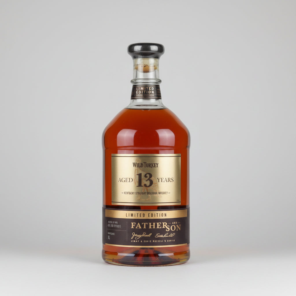 Wild Turkey 13-year-old bourbon whiskey bottle with a gold label
