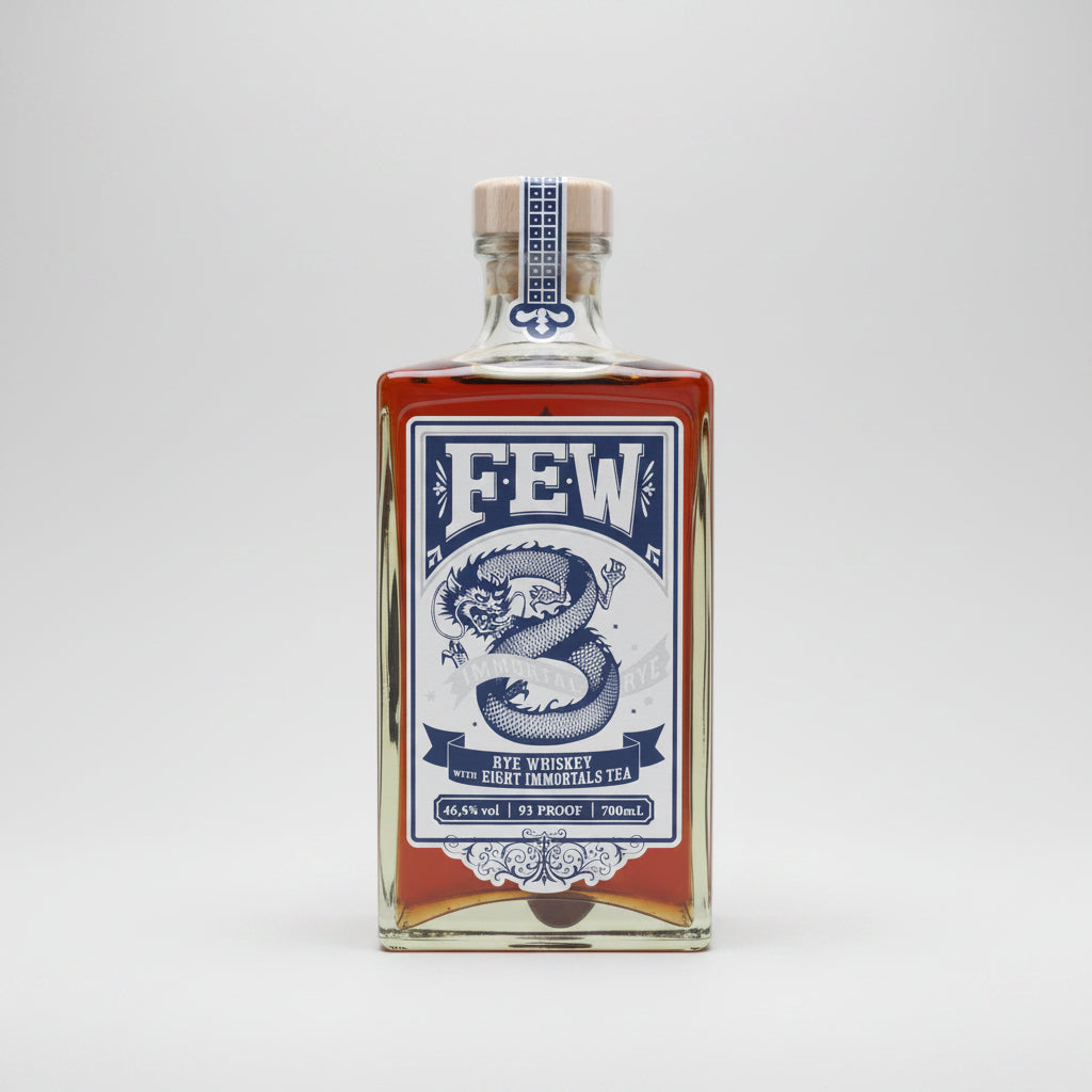 A square glass bottle of FEW Eight Inhabitals Ate Whiskey with tea, featuring a blue and white label with a dragon illustration, set against a plain white background.